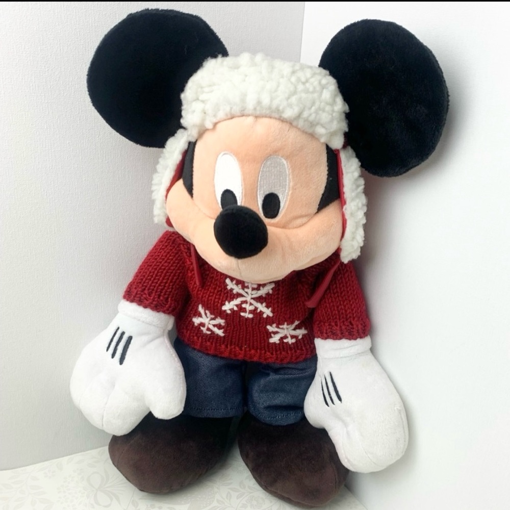 Disney Store Mickey Mouse Winter Holiday Plush Snowflake Sweater Trapper Hat 16"